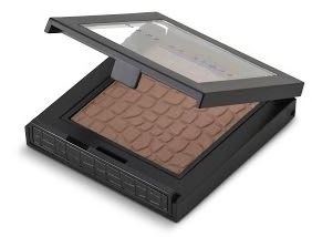 A makeup palette with a mirror open, showing different shades of eyeshadow inside.