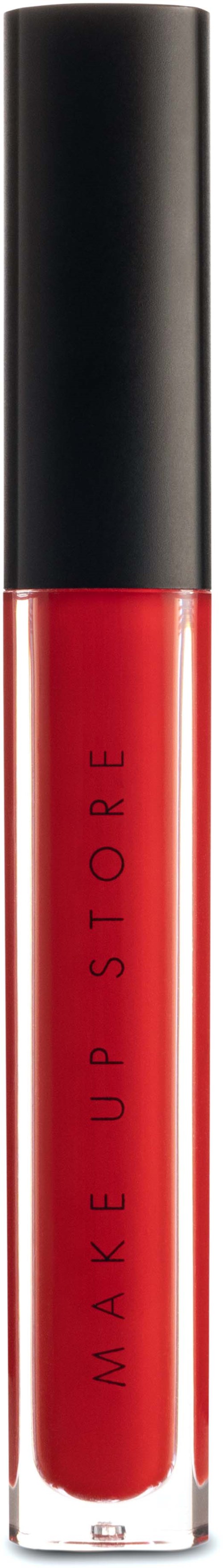 A red lip gloss in a clear tube with a black cap, labeled 'Makeup Store' on it.
