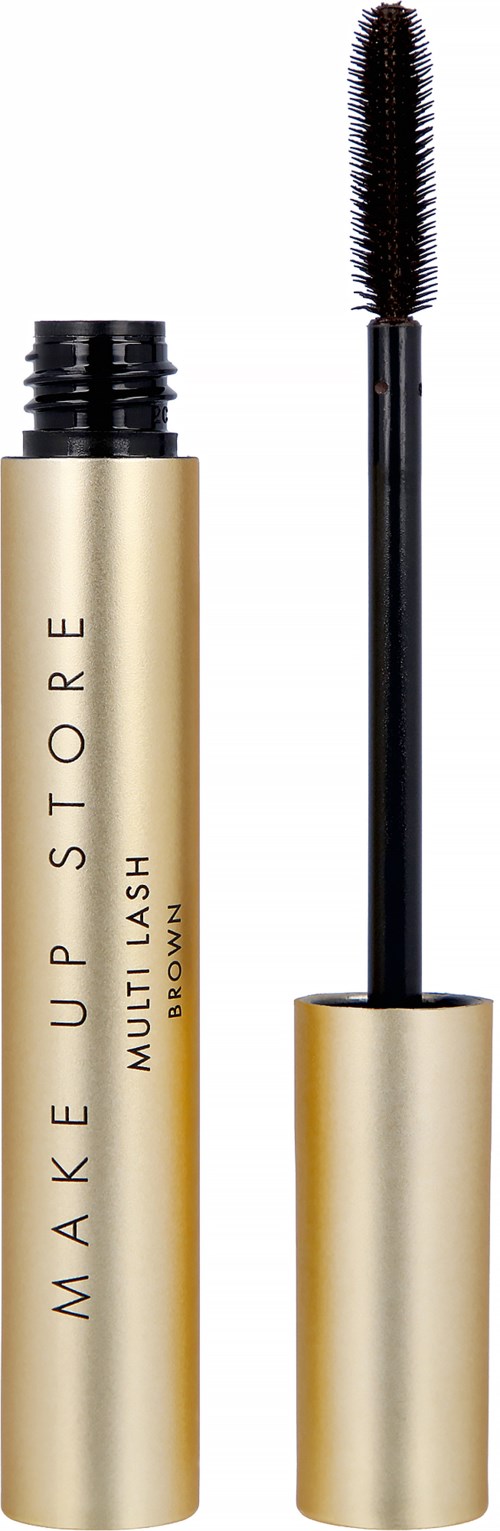 Ein Mascara-Tube mit der Aufschrift 'Make Up Store Multilash Brown', mit Pinsel außerhalb, der schwarzen Mascara zeigt.