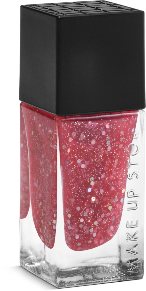 En rosa nagellack med vita och glitterprickar, i en tydlig flaska med svart lock.