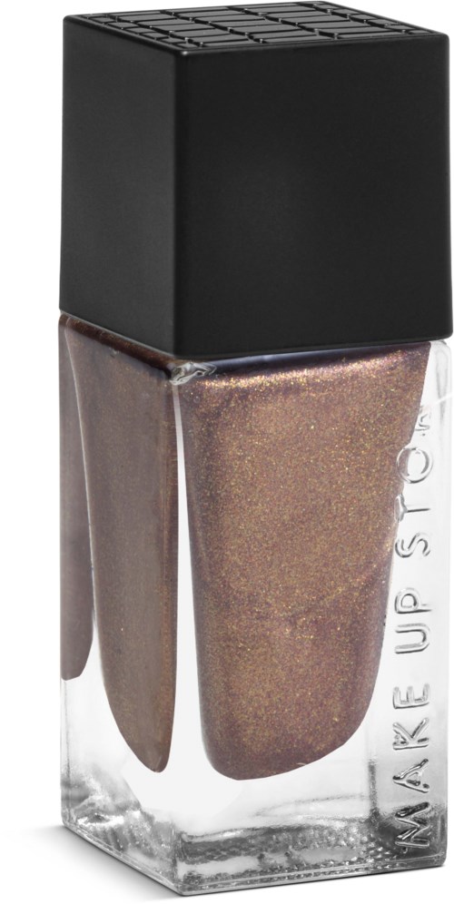 En nagellacksflaska med svart lock och skimrande brunt nagellack.