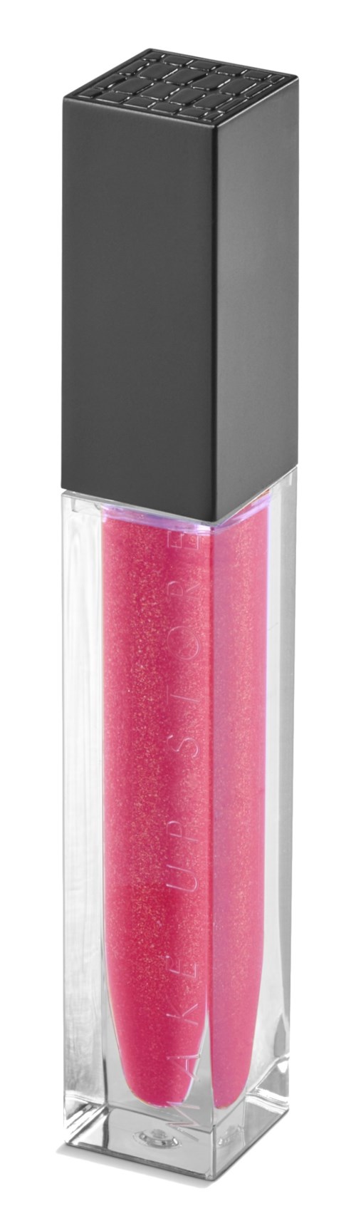 Ein langer, rechteckiger durchsichtiger Behälter mit rosa Lipgloss und schwarzem Deckel.