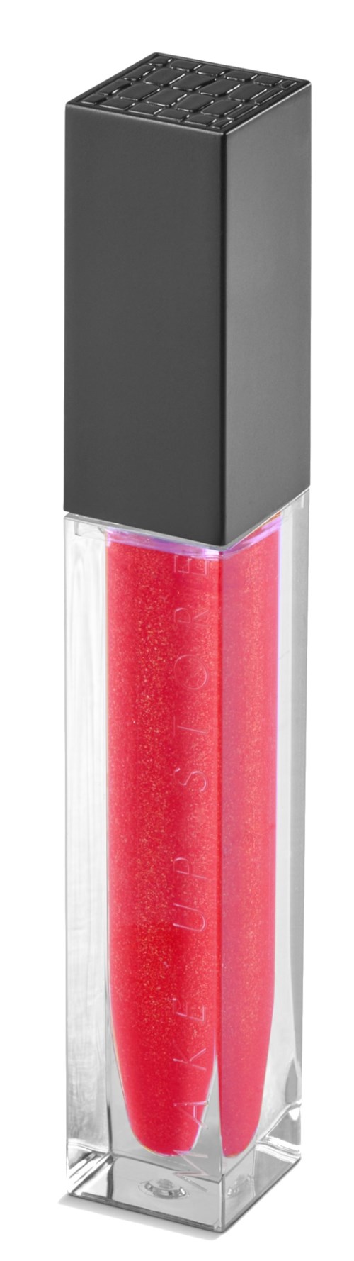 Das Bild zeigt einen klaren rechteckigen Behälter mit rotem Lippenstift und schwarzem Deckel.
