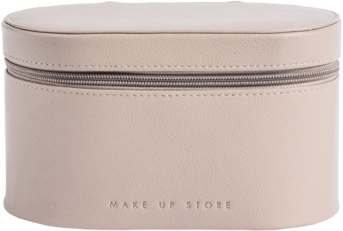Beżowe owalne pudełko na kosmetyki z zamkiem błyskawicznym i napisem 'Make Up Store'.