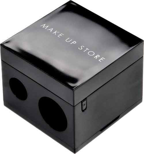 Svart smyckesförvaring med hål och texten 'MAKE UP STORE' på toppen.