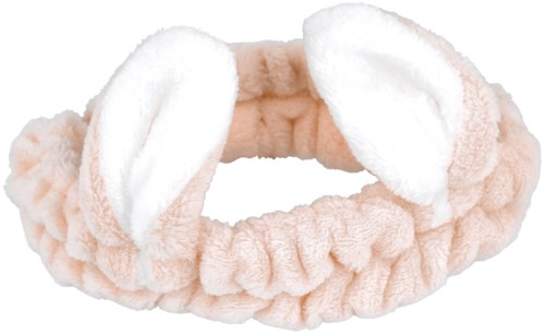 En mjuk, rosa huvudbands med fluffy öron, troligen för barn eller som ett gulligt modeaccessoar.