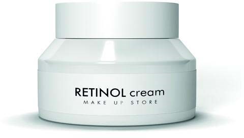 Vit burk med etikett Retinol Cream från en makeupbutik. Snygg, enkel design med svart text. Troligen hudvårdsprodukt.