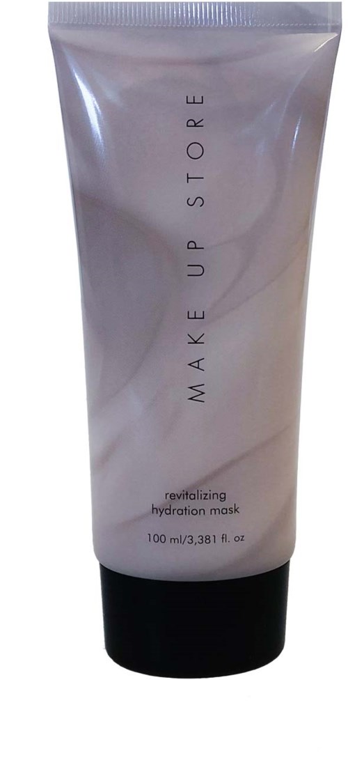 En hvit tube med hudpleiemaske med svart kork, merket 'Make Up Store' og 'revitalizing hydration mask'.