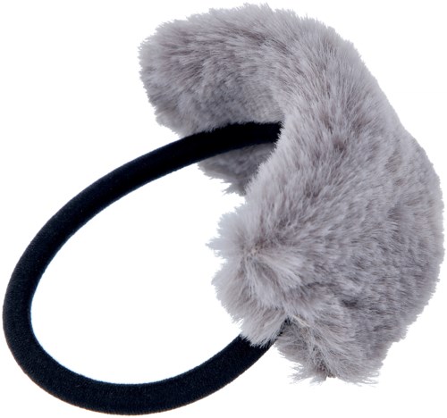 Ett grått fluffigt öronmuffe med ett svart elastiskt band för att värma öronen.