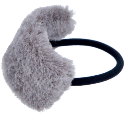 En fluffy grå öronvärmare med svart huvudband. Den ser mjuk och varm ut för vintern.