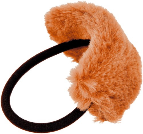 Ett lurvigt orange hårband med svart elastisk band. Det ser mjukt och fluffigt ut.