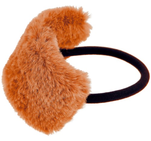 Ett fluffigt, orange pälsklätt hörlurearmband fäst vid ett svart elastiskt band.