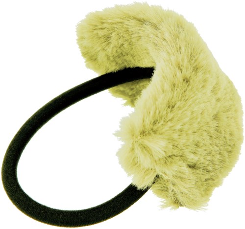 Mjuk, gul, fluffy hårsnodd med ett svart elastiskt band. Den ser mysig och mjuk ut.