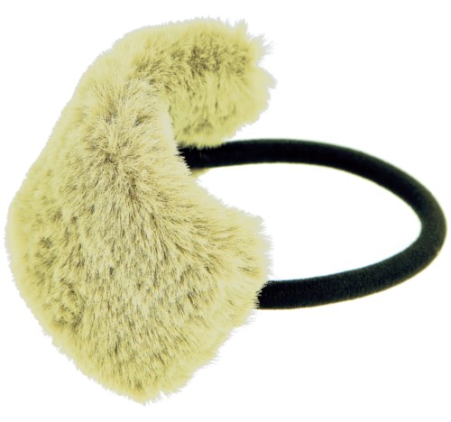 Ett fluffigt, gult pannband med ett svart elastiskt band för att hålla öronen varma.