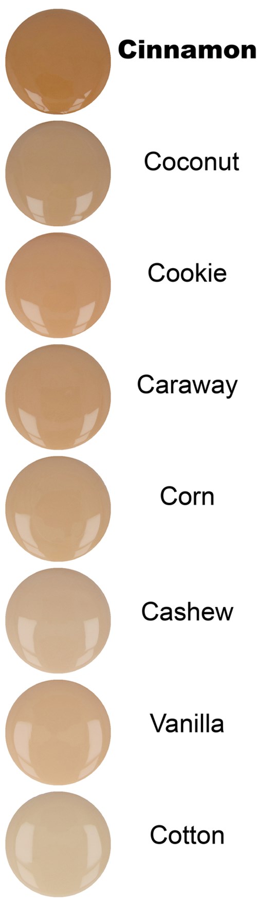 A list of different shades of brown labeled with names like Cinnamon, Coconut, Cookie, and Vanilla.
