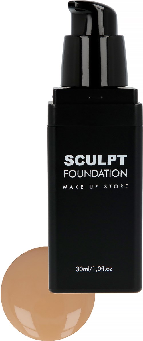 Mustan meikkivoidepullon, jossa on pumppu. Teksti sanoo 'SCULPT FOUNDATION' ja '30ml'.