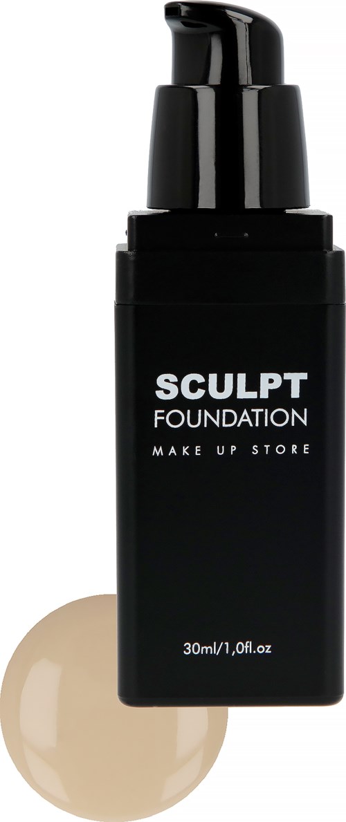 A black bottle labeled 'Sculpt Foundation' with a pump, and a small pool of beige liquid.