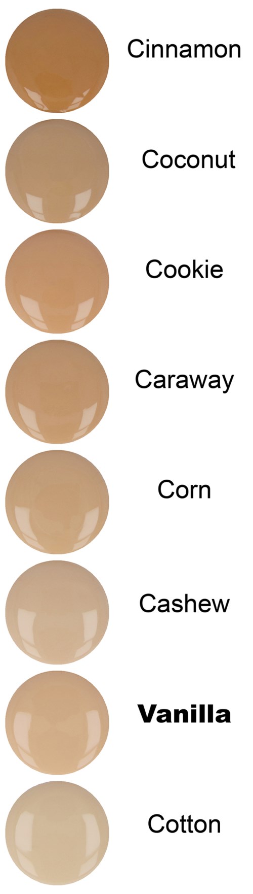 Colors range from dark brown to light beige, labeled with flavors like Cinnamon, Coconut, Cookie, and Vanilla.