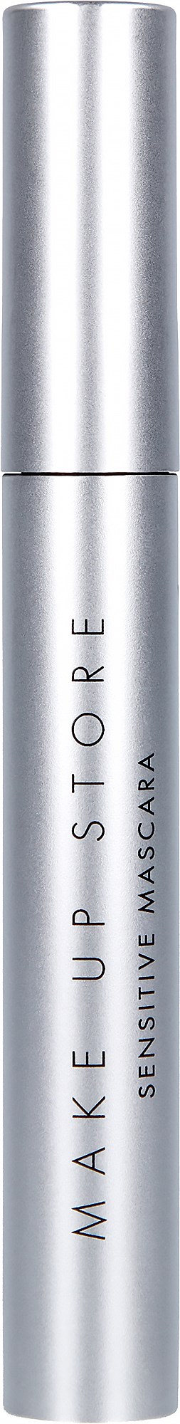 En silverrör med lock, märkt "MAKE UP STORE SENSITIVE MASCARA" för känsliga ögon.