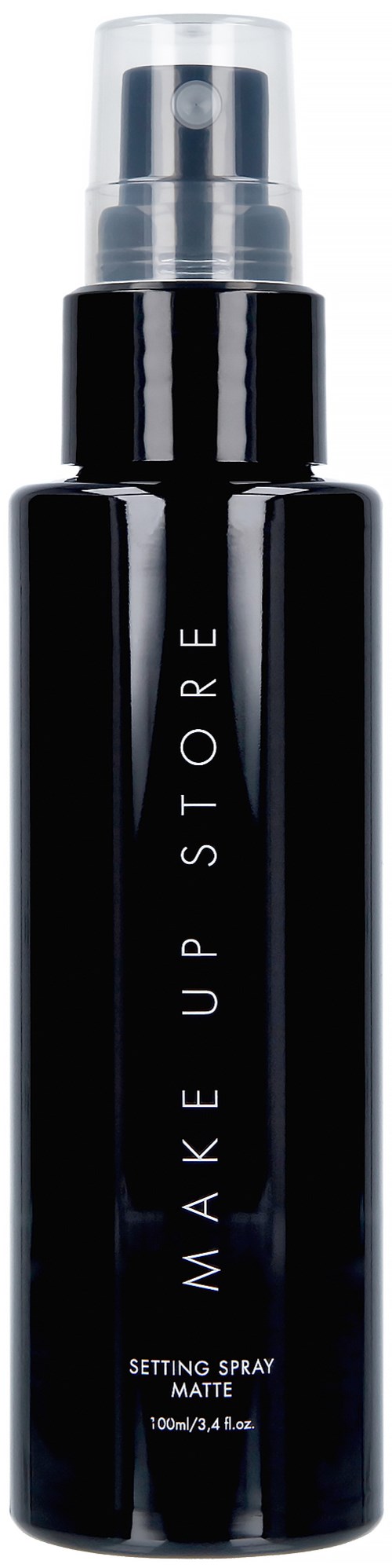 Musta pullo suihkuttaa, merkintä 'MAKE UP STORE', matta pinta, 100 ml koko.