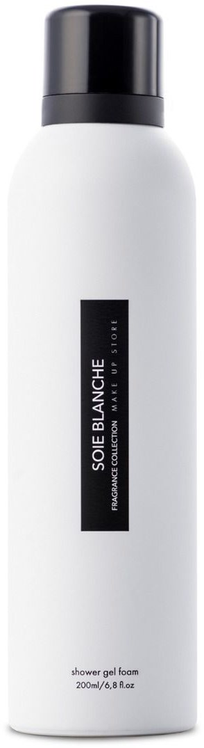 En hvit flaske med svart lokk, merket "SOLE BLANCHE," inneholder dusjskum, 200 ml.