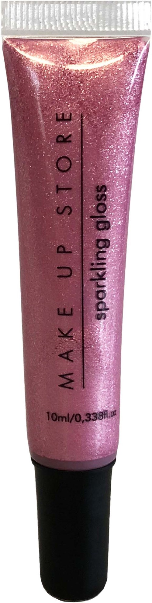 Rosa tub med glitterläppglans, svart lock, och svart text som säger "MAKE UP STORE" och "sparkling gloss."