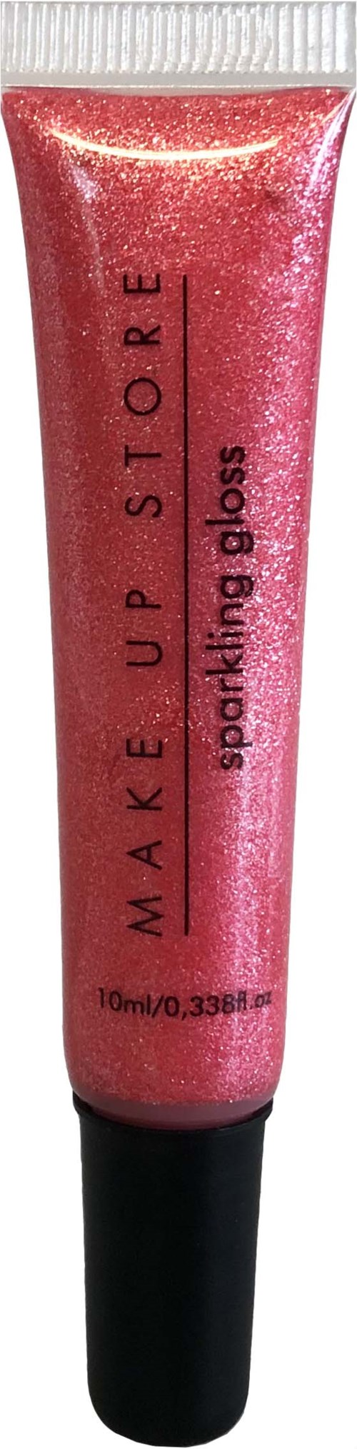 En rosa, glittrig läppglansrör med svart lock, märkt 'MAKE UP STORE sparkling gloss' och 10 ml volym.