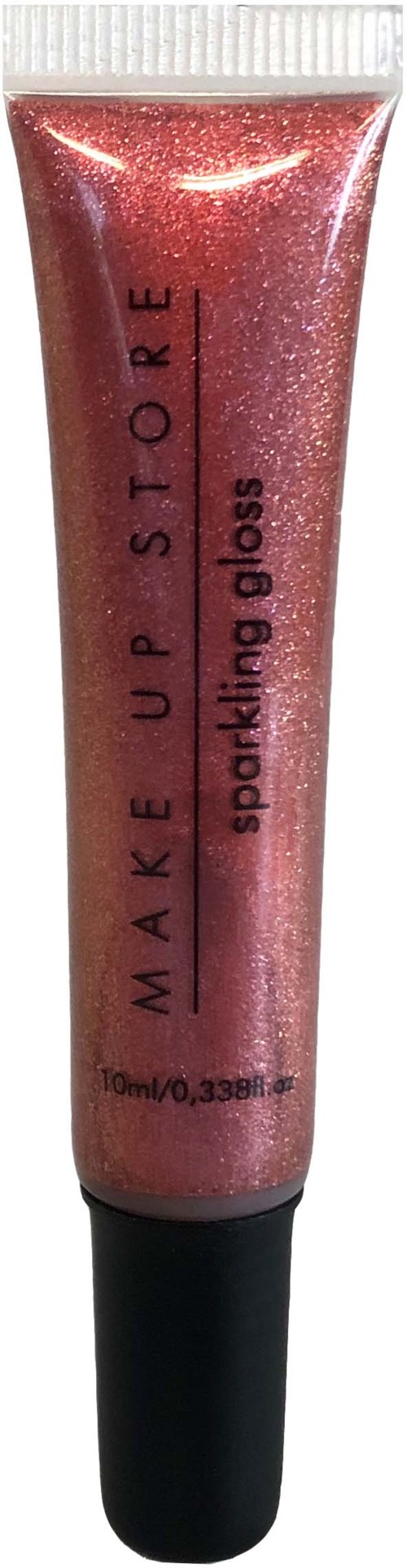 Rosa glitterläppglansrör med svart topp, från MAKE UP STORE, märkt 'sparkling gloss'.