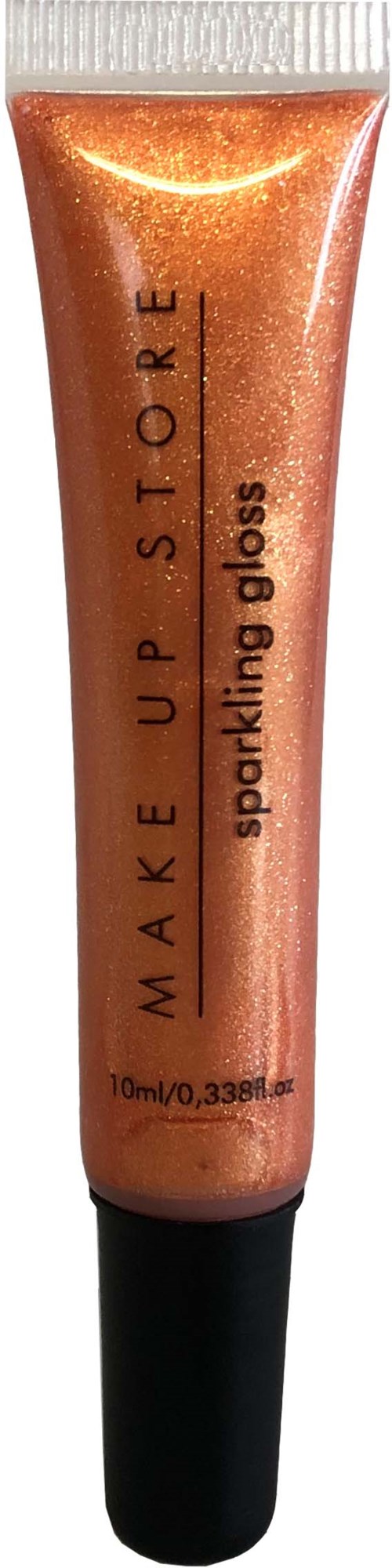 En tub med sminkglans märkt 'Sparkling Gloss' i glänsande roséguldfärg med svart kork.
