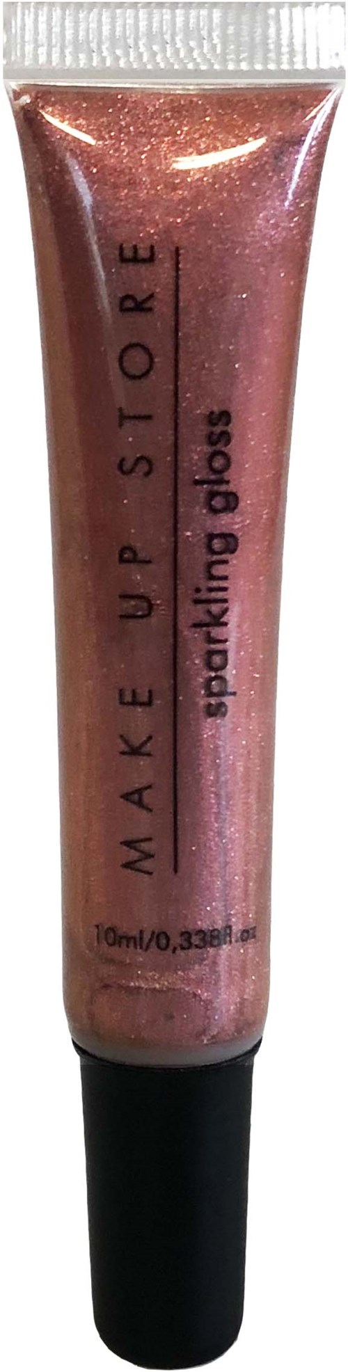 Läppglansrör med rosa skimrande färg och svart topp, märkt 'MAKE UP STORE sparkling gloss'.
