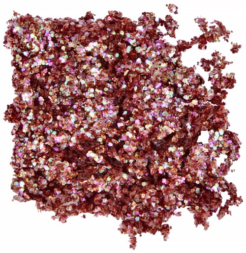 En klump med rosa og iriserende glitter med en grov, ujevn tekstur og tilfeldige former.