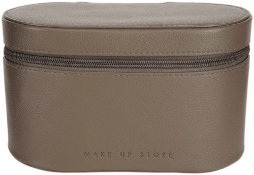 Beżowa kosmetyczka z zamkiem i napisem MAKE UP STORE na dole.