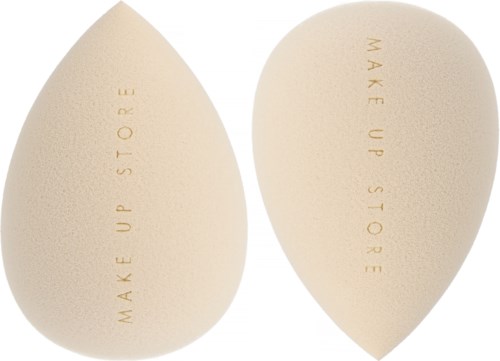 Dwa gąbki do makijażu z napisem "MAKE UP STORE", beżowy kolor, w kształcie łzy.