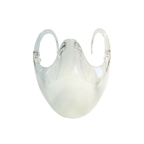 En klar plastmask där hörlänken är genomskinlig, avsedd att täcka näsa och mun.