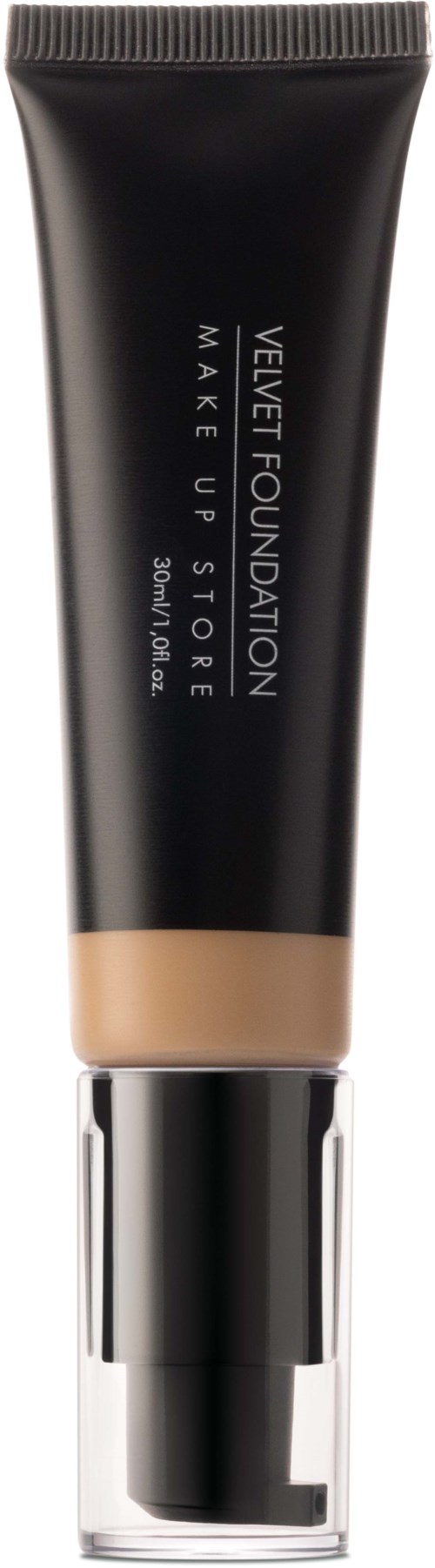 En svart tub med makeup som heter Velvet Foundation med SPF, troligtvis för ansiktet, med en beige färg upptill.