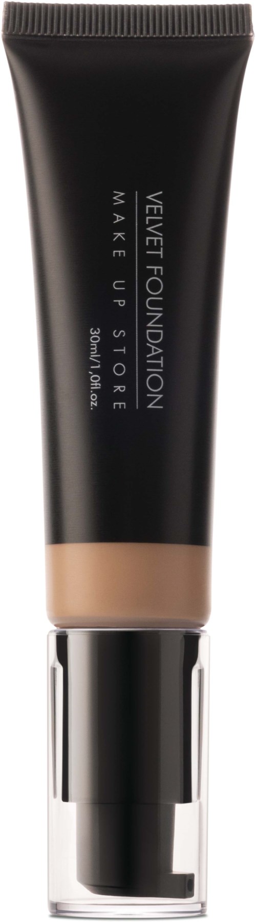 En svart tube med flytende foundation med beige lokk, merket 'Velvet Foundation Make Up SPF 30/PA+++'.