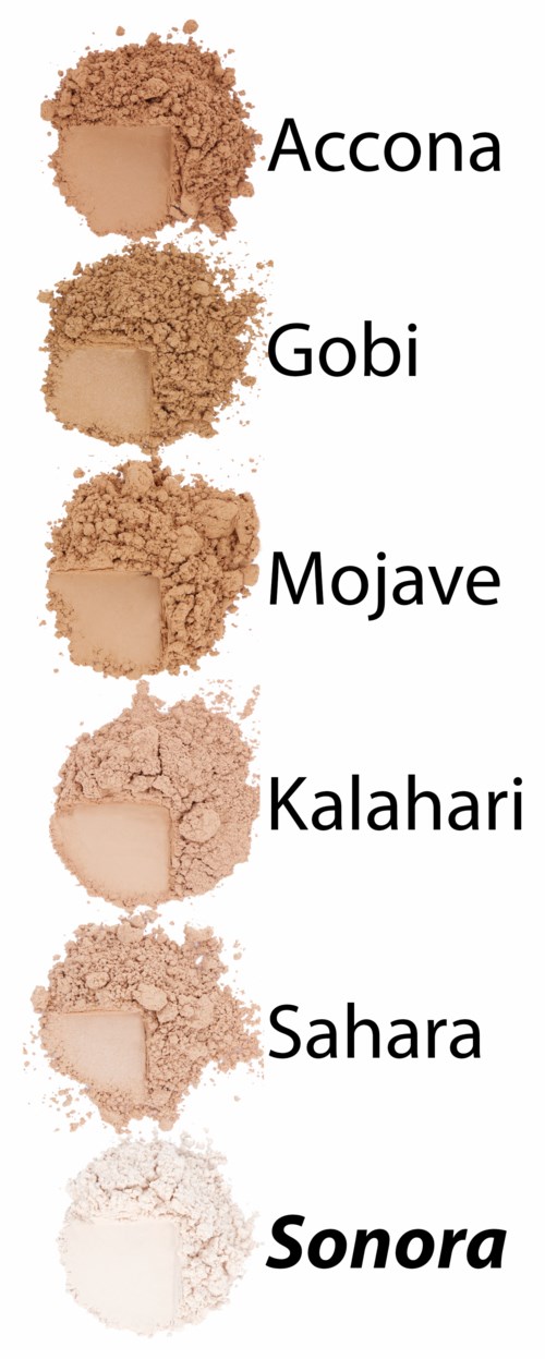 Sex typer av pulver, från mörkt till ljust, märkta som Accona, Gobi, Mojave, Kalahari, Sahara och Sonora.