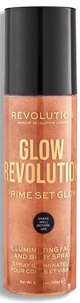 Bild visar en sprayflaska för Revolution Glow Primer Set Glow, med svart lock och peachfärgad etikett.
