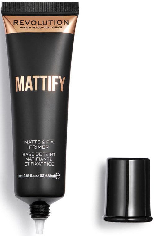 A black tube of Revolution Matte & Fix Prime primer with a black cap beside. The tube has rose gold and beige text.
