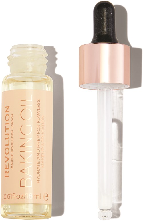 A small bottle with a dropper cap, labeled 'Revolution Hydrating and Prep for Flawless,' likely skincare product.