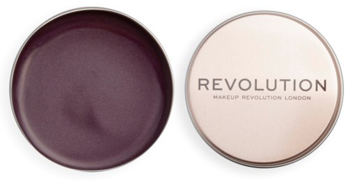 Två öppna behållare, en med mörklila smink, den andra med en ljus lock med 'REVOLUTION' på.