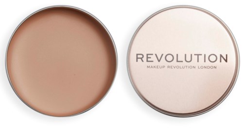 En rund beholder med sminke innside og et lokk med teksten "Revolution, Makeup Revolution London."