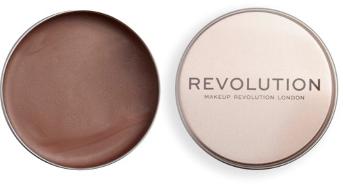 En rund makeupbehållare med brunt puder inuti och ett vitt lock som säger 'Revolution Makeup Revolution London'.