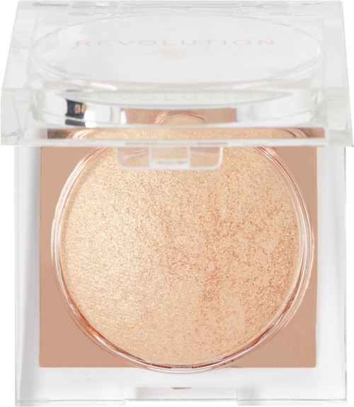 A round, shimmery beige makeup compact with a clear lid, sitting inside a transparent square case.