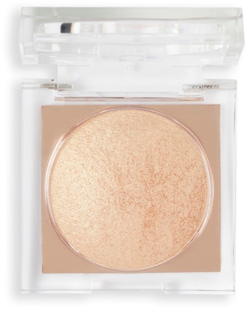 A small, round makeup compact with a transparent lid holding a shimmery beige powder.