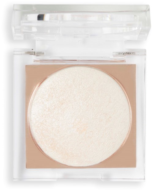 A round, white makeup sponge inside a clear plastic case with a lid.