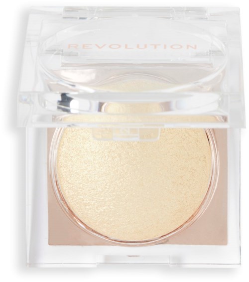 Ein kompaktes Puder mit durchsichtigem Gehäuse und beigem Puder im Inneren. Abdeckung sagt 'REVOLUTION.'