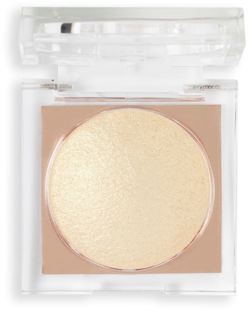 Ein runder, beiger Make-up-Puder in einer klaren Dose mit transparentem Deckel.