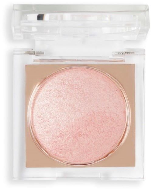 Ein kompaktes Make-up-Produkt mit rosa und beige Tönen in einem klaren Quaderbehälter.