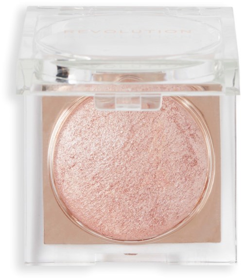 En rund, rosa shimmer highlighter i en klar compact med gennemsigtigt låg.